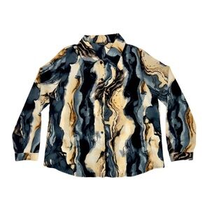 SHEIN WOMENS BLUE MARBLE COLLARD BUTTON UP TOP SIZE L (8-10)